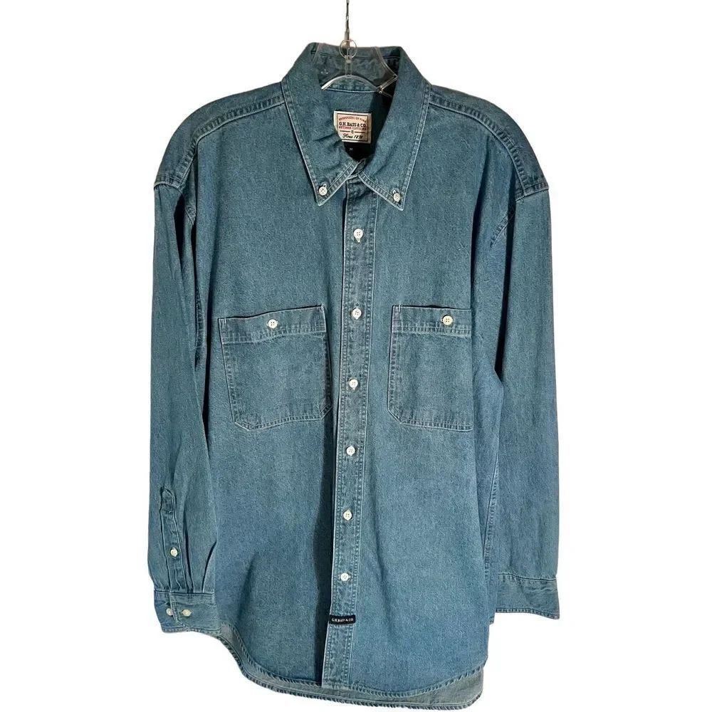Vintage 1990s GH Bass Denim Button Up Shirt / 1990s Button Up Shirt Size Medium